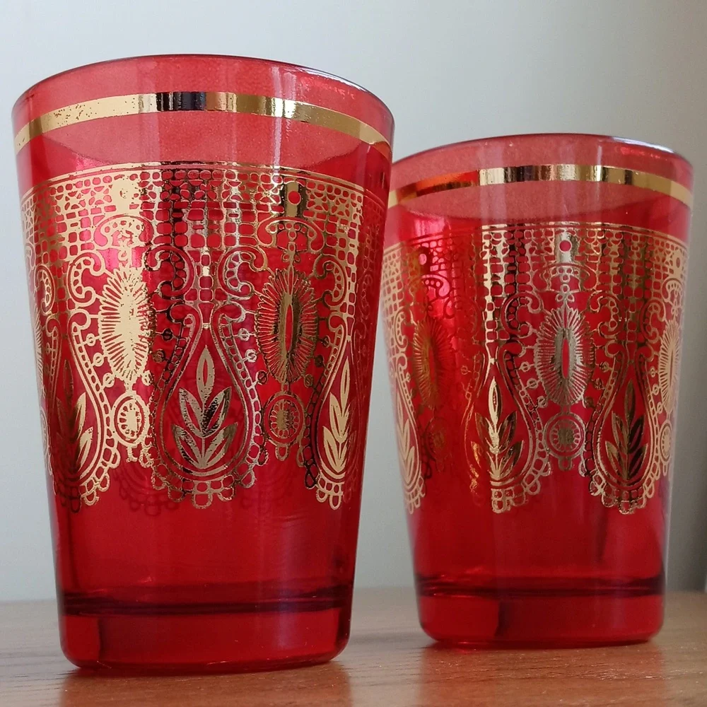 Vintage Moroccan / Turkish Tea Glasses Red & Gold Embellished Design Set of 2